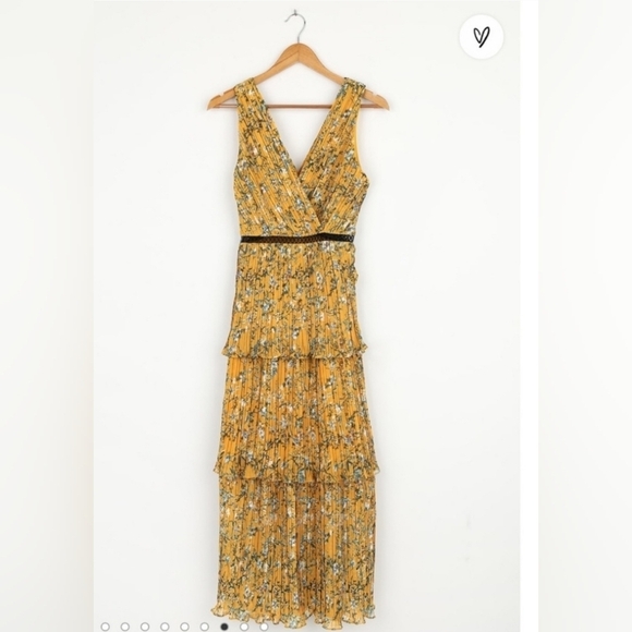 Lulus Such Sophistication Yellow Floral Print Pleated Maxi feminine Dress Size L - Picture 8 of 15